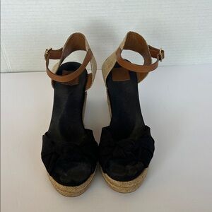 Tory Burch Black and Tan Espadrille Wedges